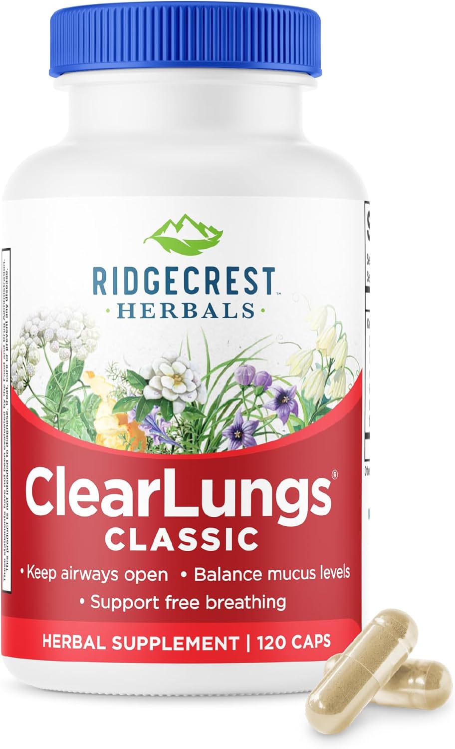 RidgeCrest Herbals ClearLungs Classic, Daily Health Supplement, Natural Lung and Nasal Wellness Formula for Bronchial, Respiratory, Immune, Sinus, and Mucus Support (120 Vegan Caps, 60 Serv)