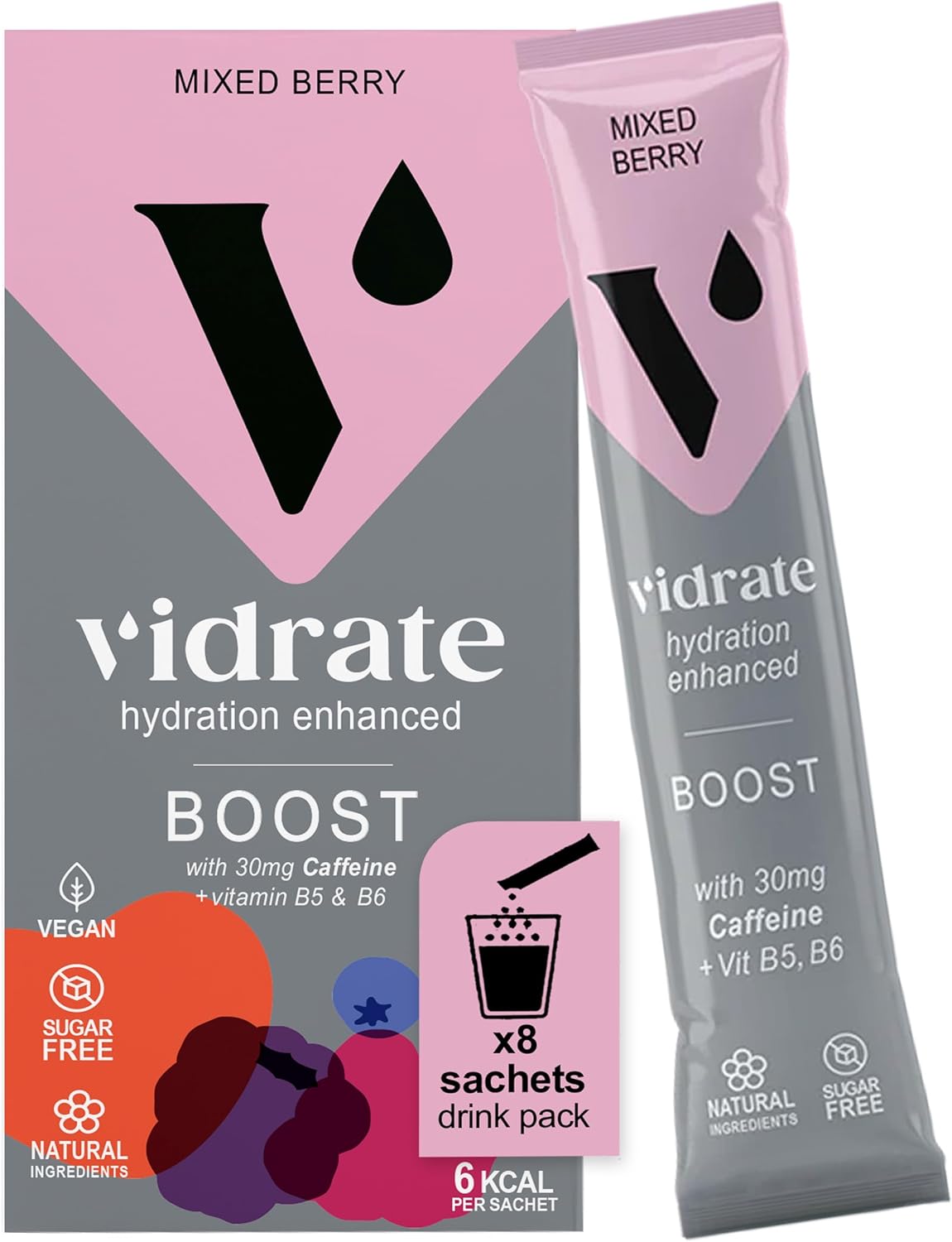 Electrolytes Powder - Hydration Sachets Packed with Vitamins - Zero Sugar Rehydration Sachet No Artificial Sweeteners & Preservatives by ViDrate - Boost Mixed Berry Small Pack, 8 Electrolytes Sachets