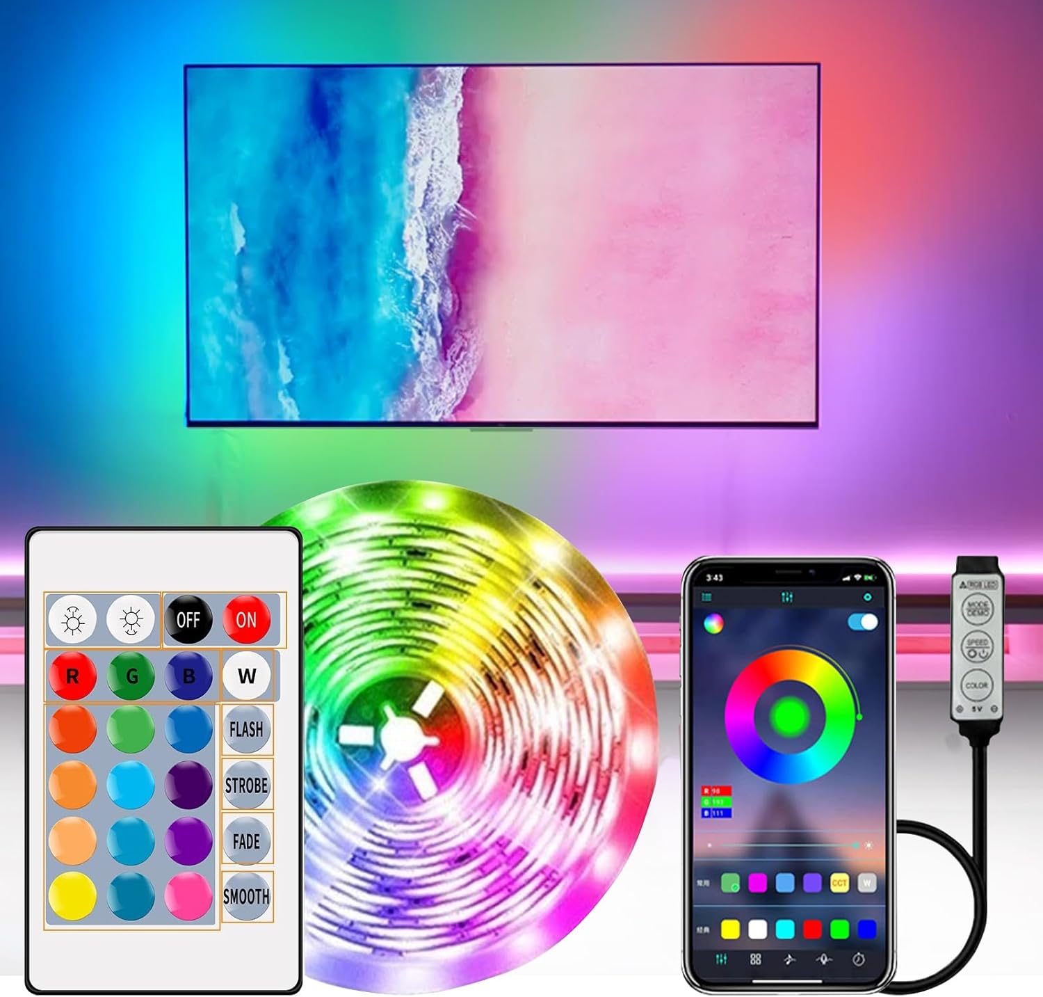 5M LED Strip Light, RGB TV Backlight for 45-75 Inch TV, USB Powered 5050 LEDs with Remote, Music Sync, Color Changing LED Lights for Bedroom, Living Room, Gaming Room