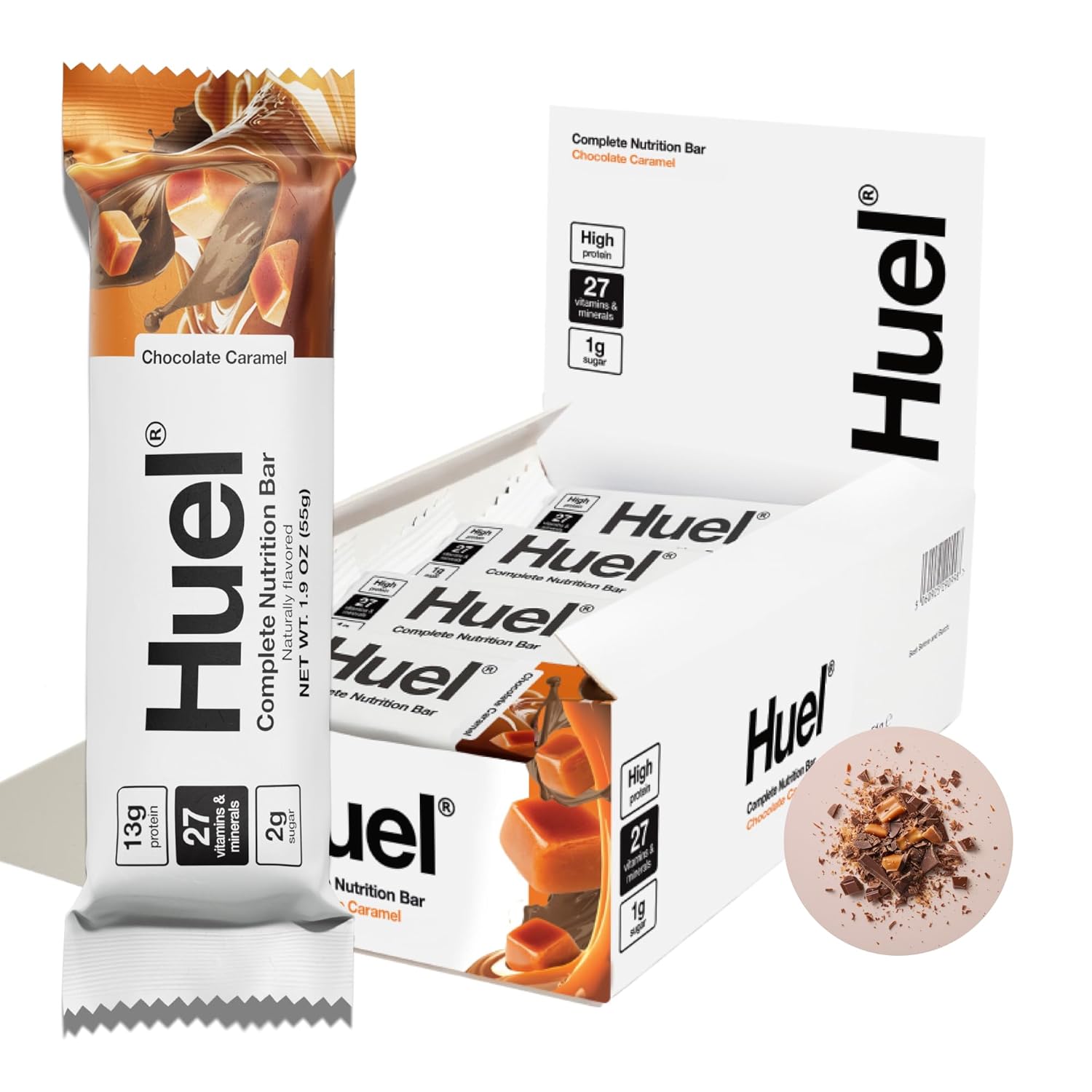 Huel Complete Nutrition Vegan Protein Bars | Chocolate Caramel | 13g Protein | 27 Vitamins & Minerals, 2g Sugar, Non-GMO, 100% Plant Based Snack | 12 Pack