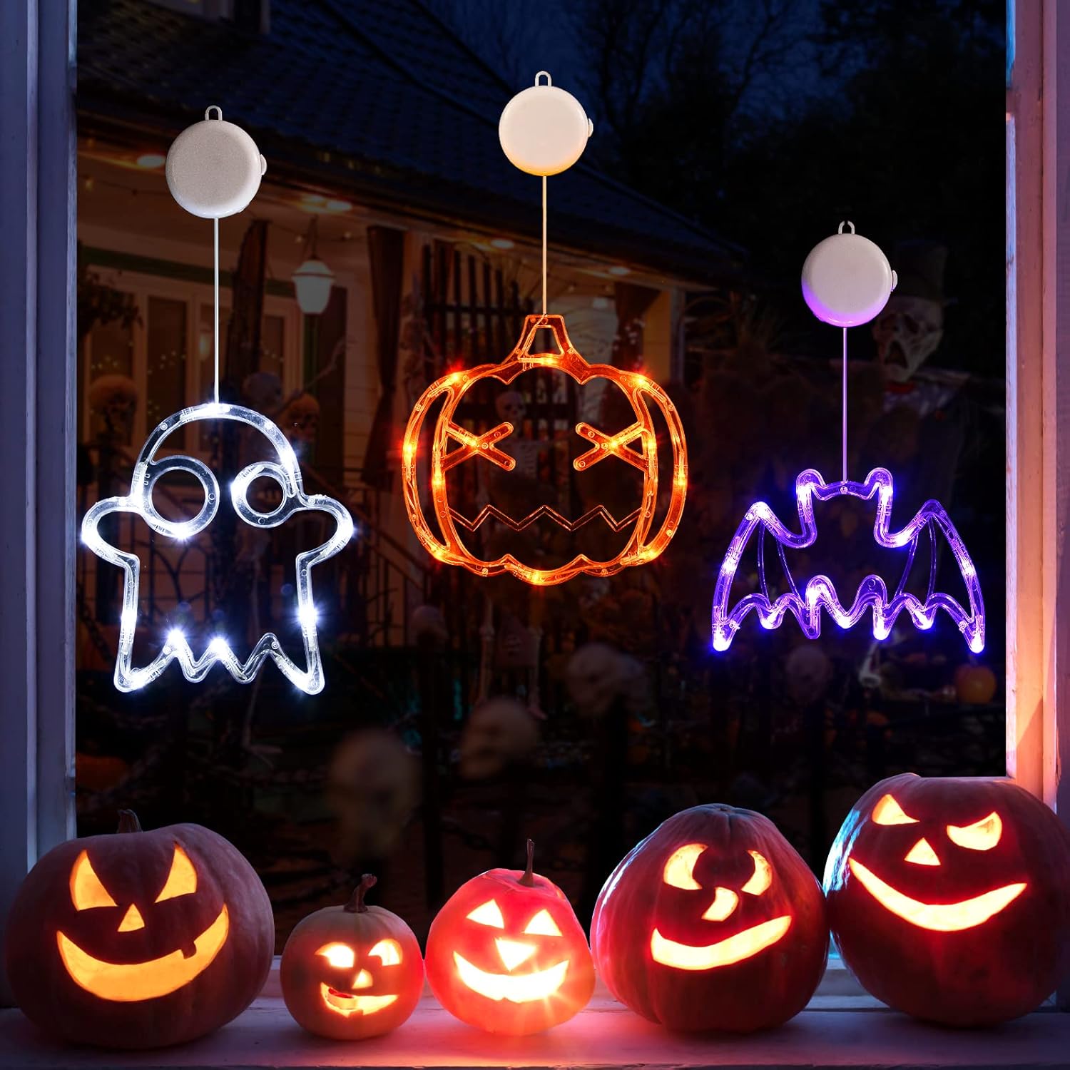 LOLStar Halloween Decorations, 3 Pack Orange Pumpkin, White Ghost Purple Bat Halloween Window Lights with Suction Cup, Battery Operated Booday Lights, 2025 Upgrade Slow Fade Mode & Timer Function