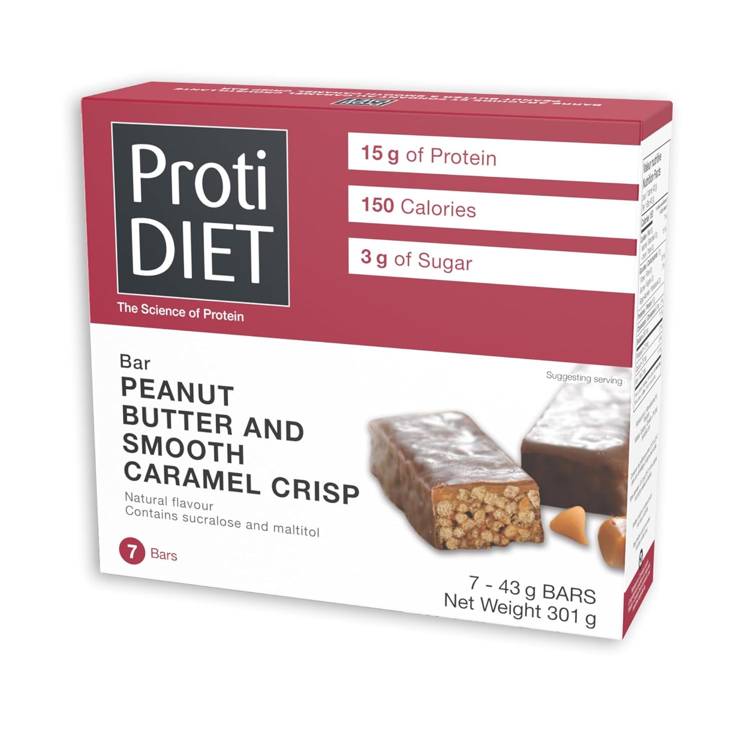 ProtiDIET Peanut Butter and Smooth Caramel Crisp Protein Bar - Gluten Free and GMO Free High Protein Snacks for Adults, Perfect On the Go Meal Replacement Bars - 7 High Protein Bars Per Box