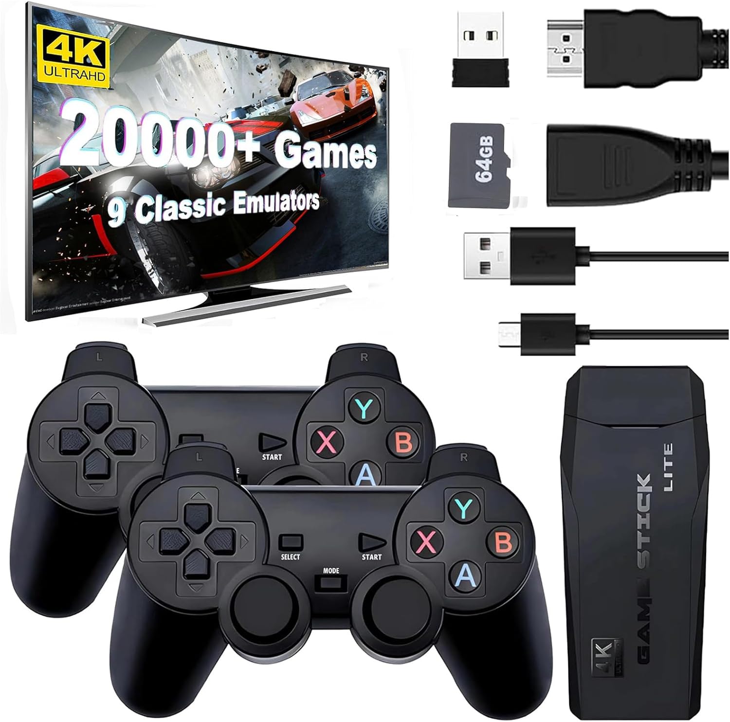 Whatsko 2025 New Retro Game Stick, Retro Games Console, Plug and Play Video Gaming Console 4K HD Output Built-in 20,000+ Games, 2.4G Wireless Controllers Gamepad- 64G, Gifts for Kids Adults