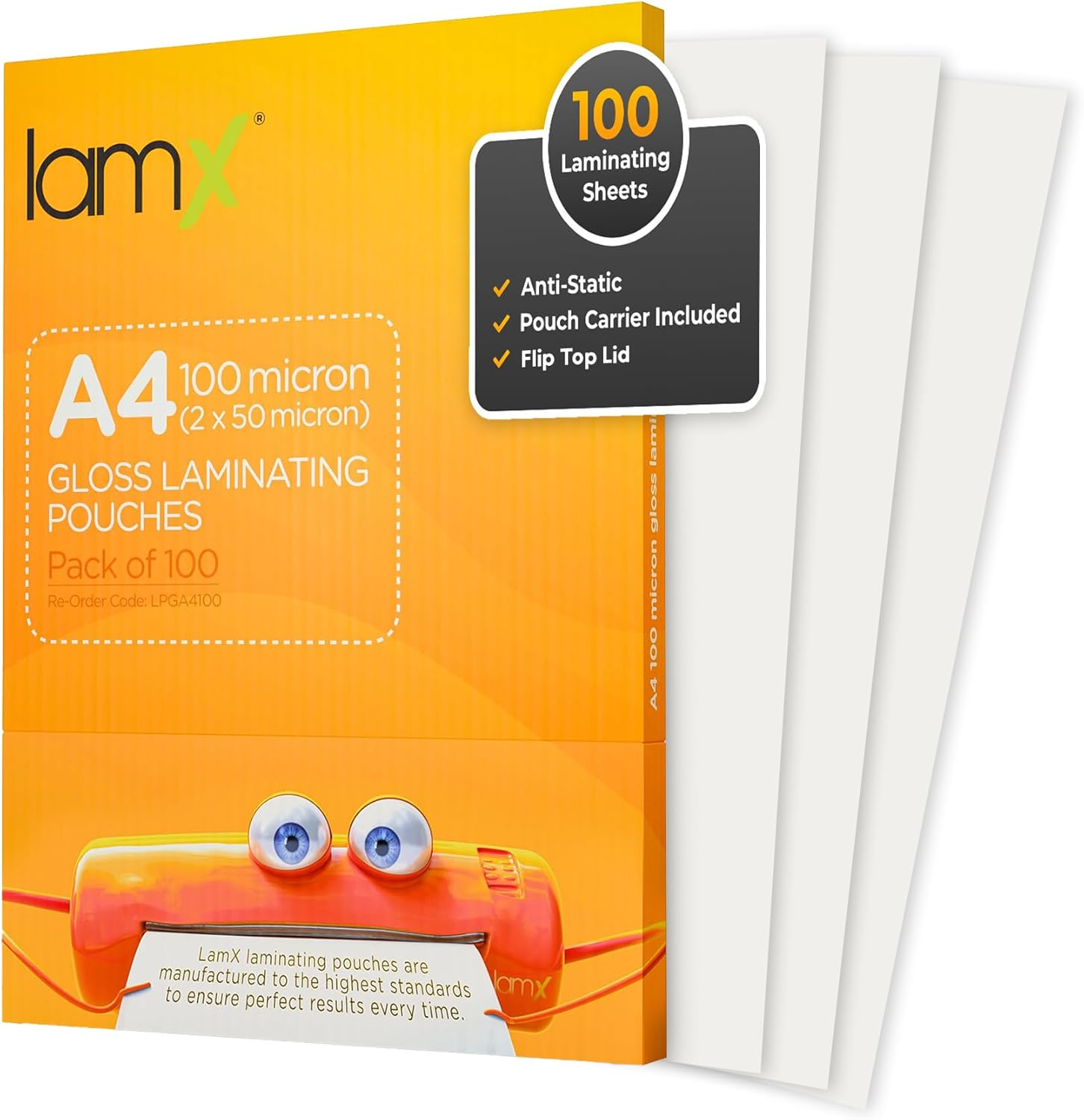 LamX Laminating Pouches A4 100 Micron, High Gloss Finish Sheets, Anti-Static Formula Laminating Pouches A4, 100 Micron (50+50 Micron) Pack of 100 Laminating Sheets, Free Pouch Carrier Included