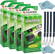 Fujifilm QuickSnap Flash 400 Disposable 35mm Camera • 4 Pack • 4 Hand Straps • 2 BluebirdSales Microfiber Cloth, Green, 7033661