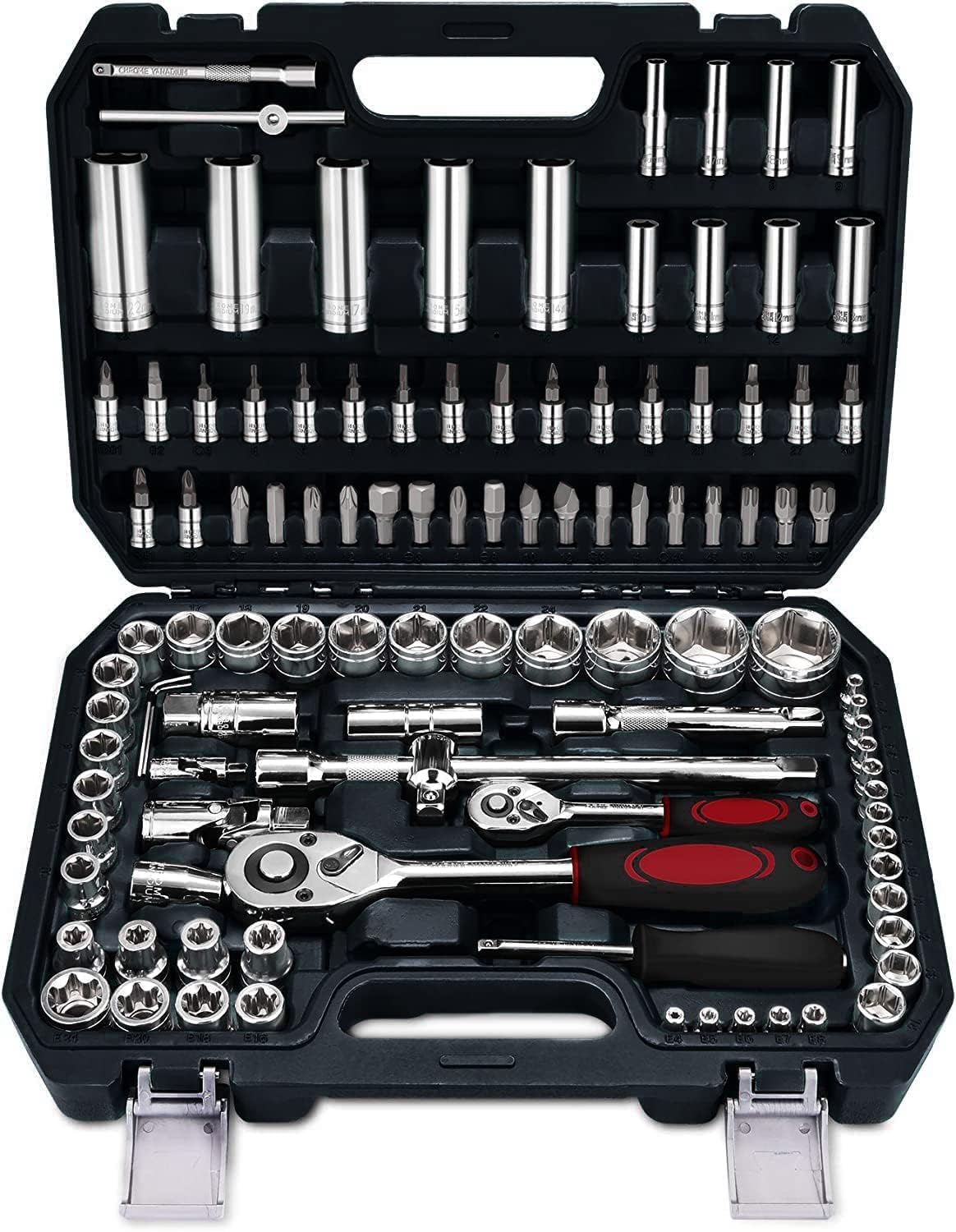HUIYOPU 108-Piece Socket Set,1/4" &1/2" Drive Ratchet with Bits, Quick Release Ratchet Wrench - CR-V Mechanic Tool Set for Home Repairs, Workshops, Car Bicycle Repair, DIY, Engineering Studies