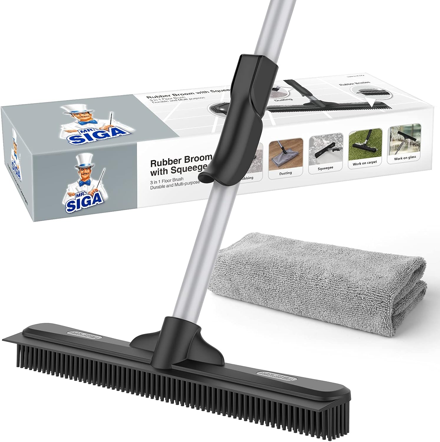 MR.SIGA Rubber Broom, Carpet Brush, Pet Hair Removal with Built in Squeegee, 3 in 1 Floor Brush for Carpet, 61 inch(154.9cm) Adjustable Handle, includes 1 Microfiber Cloth for Floor Dusting