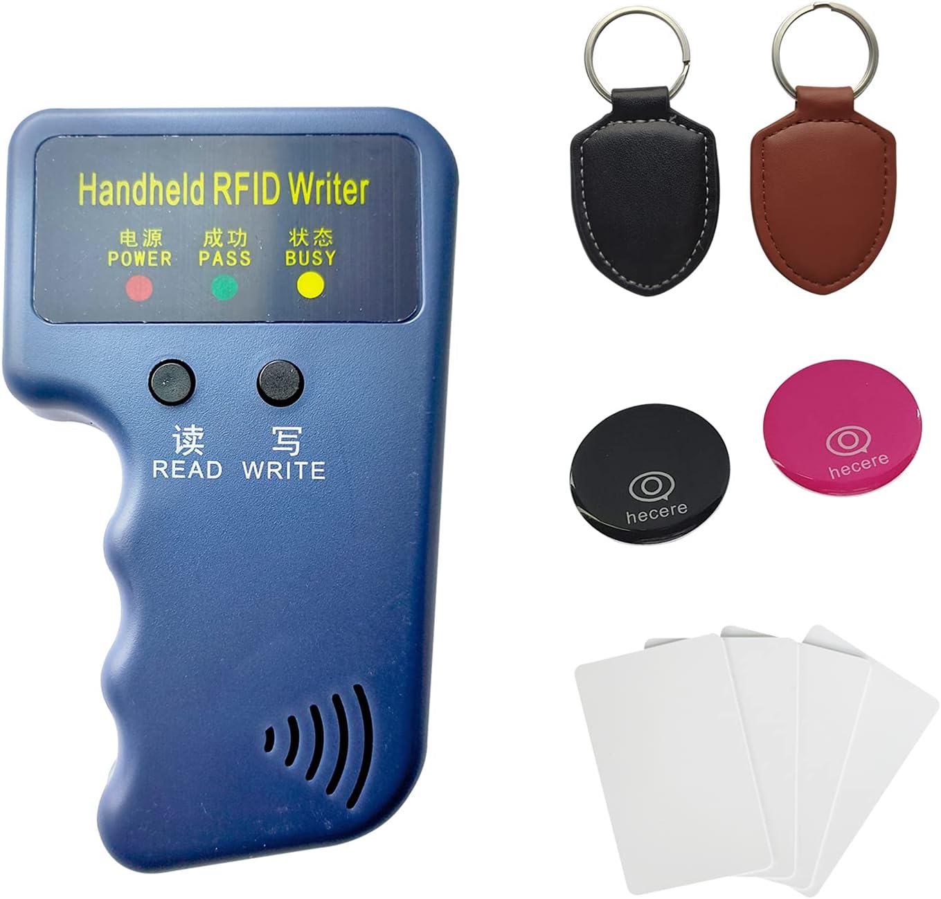 RFID Reader Writer Scanner Copier for Copy ID TK4100/EM4100/EM4200/Proximity Card, Including ID Rewritable keyfobs 2pcs, White Card 4pcs,ID Leather Key Fob 2pcs