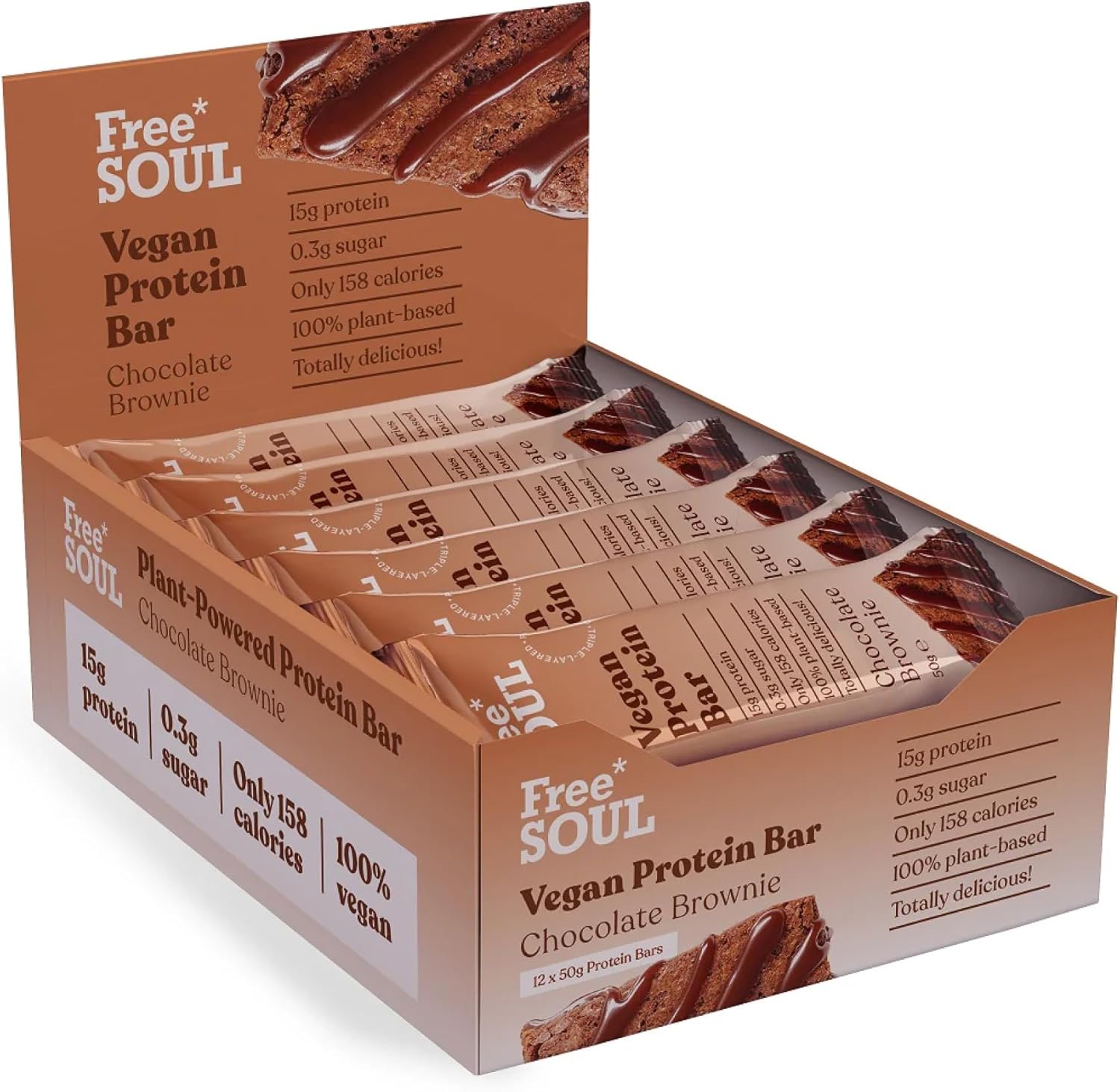 Vegan Protein Bars 12 x 50g | Plant Based Chocolate Protein Bars | Delicious Dairy Free, Low Sugar, Low Carb Bars | Sucralose Free, Gluten Free | 15g of Protein per Bar | Free Soul