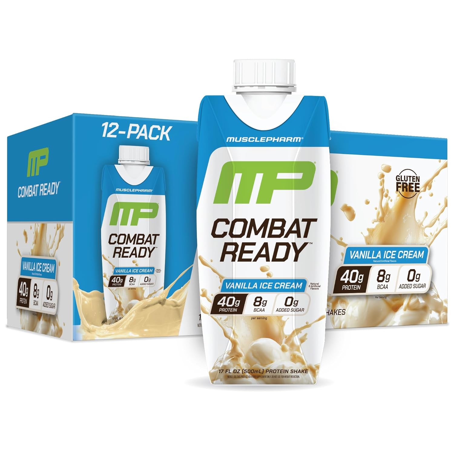 MusclePharm Combat Ready High Protein Shakes Ready to Drink, 40g Protein, 8g BCAAs, 8.7g Glutamine, 5g Fiber, No Added Sugar, Gluten Free, Vanilla Ice Cream, 17 Fl Oz (Pack of 12)