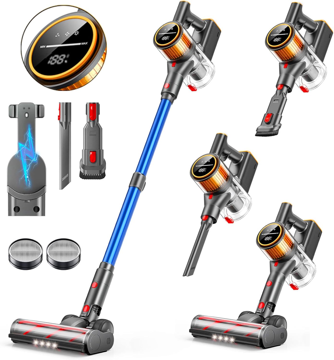 SunSare Cordless Vacuum Cleaner, 550W 45KPA 60Mins, Stick Vacuum with LED Touch Screen, Wall-mounted Charging, Self-Standing, Rechargeable Cordless Vacuum for Pet Hair/Carpet/Hard Floor, X9