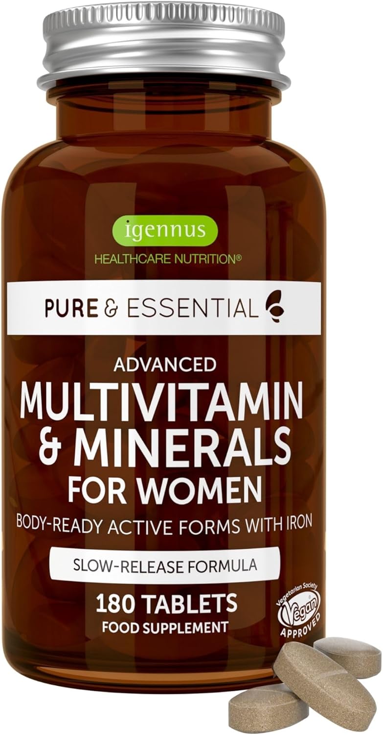 Igennus Methylated Women's Multivitamin, 21 Highly Bioavailable Nutrients, Clean Label & Sustained Release, Active B-Vitamins and Gentle Iron, Easy-to-Swallow, 180 Vegan Tablets, 90 Servings