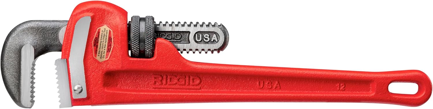 RIDGID 31015 Heavy-Duty Straight Pipe Wrench, 12" Sturdy Plumbing Wrench with Self Cleaning Threads and Hook Jaws, Red, Small