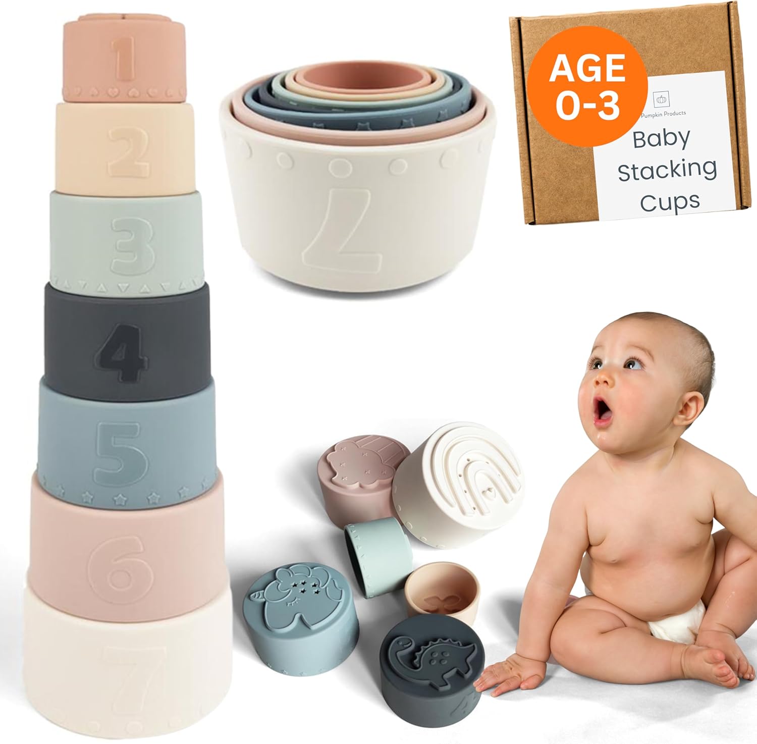 Pumpkin Products® Premium Silicone Baby Stacking Cups, Soft Teething Toys, 7-Piece Silicone Bath & Learning Set, Early Development, BPA-Free, Multi-Color (Pastel)