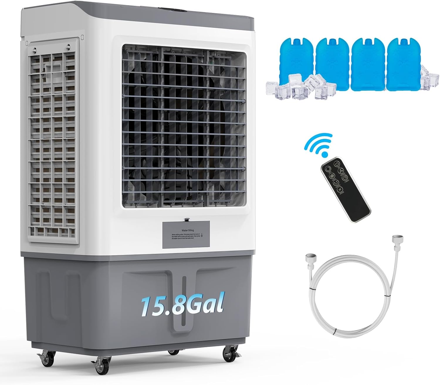 ROVSUN 15.8Gal Portable Swamp Cooler, 2900CFM Evaporative Air Cooler with Continuous Fill, Auto Oscillating, Remote, 3 Speeds, 12H Timer & 4 Ice Packs, 3-IN-1 Humidifying Cooling Fan Indooor Outdoor