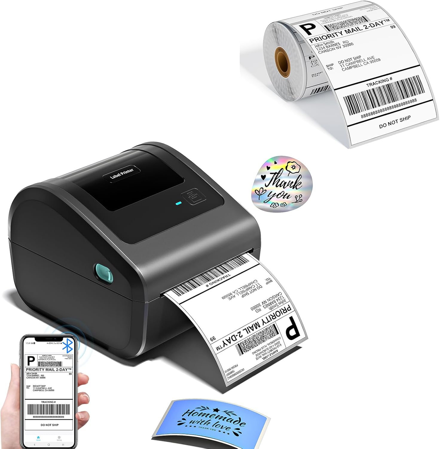 D450BT Bluetooth Shipping Label Printer and 250Pcs Roll Thermal Labels, Wireless Thermal Label Printer for Small Business, Thermal Printer for Shipping Labels