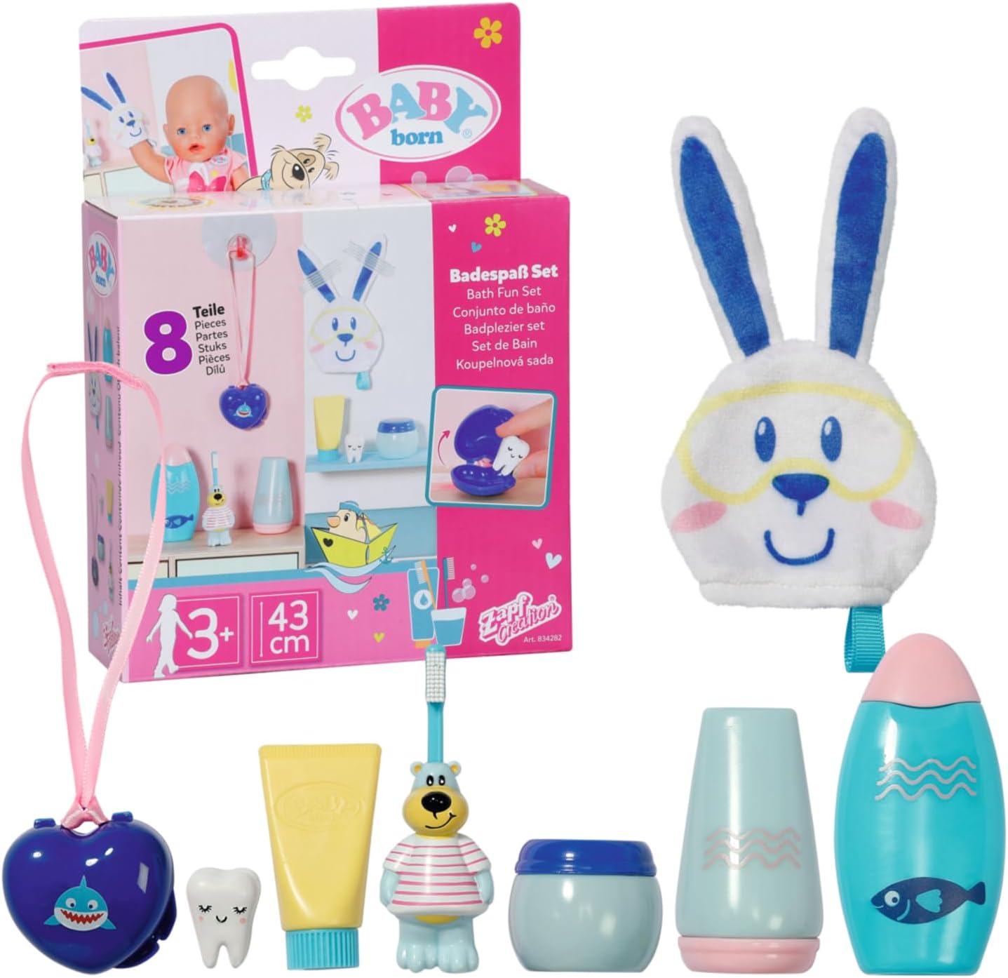 Baby born Bath Fun Set 834282 - 8 Accessories for Dolls up to 43cm - Includes Toothbrush, Wash Cloth, Bottles & More! - Suitable for Kids from 3+