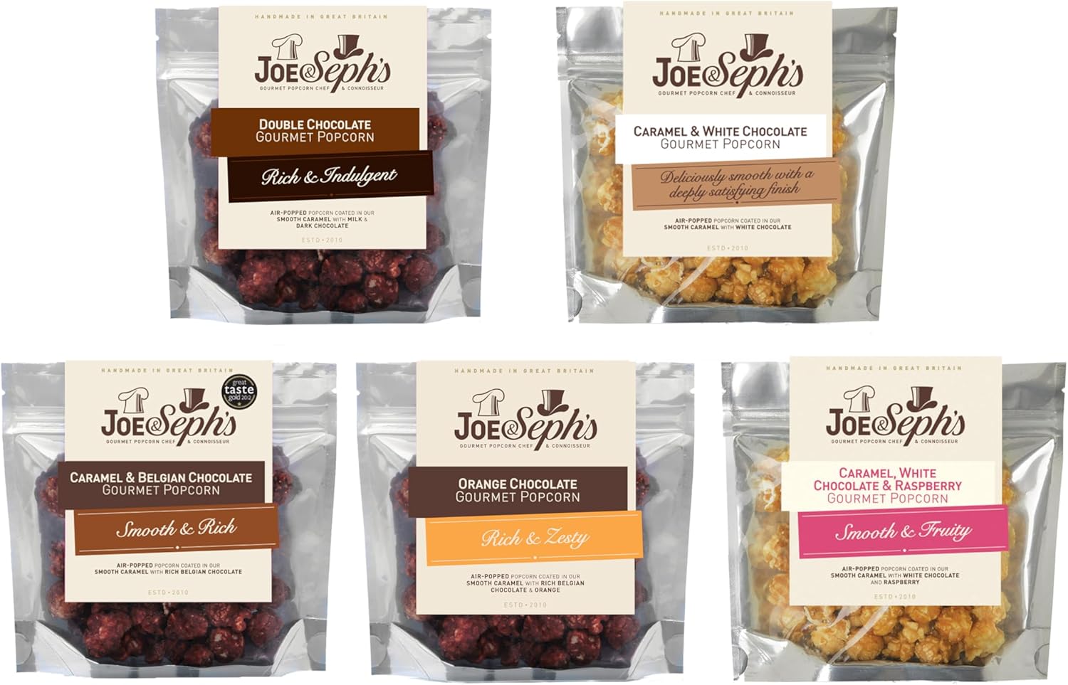 Joe & Seph's Chocolate Popcorn Tasting Selection (5x30g)| gourmet popcorn, air-popped popcorn, chocolate snack, gifts for men and women, sweet popcorn, movie night snacks