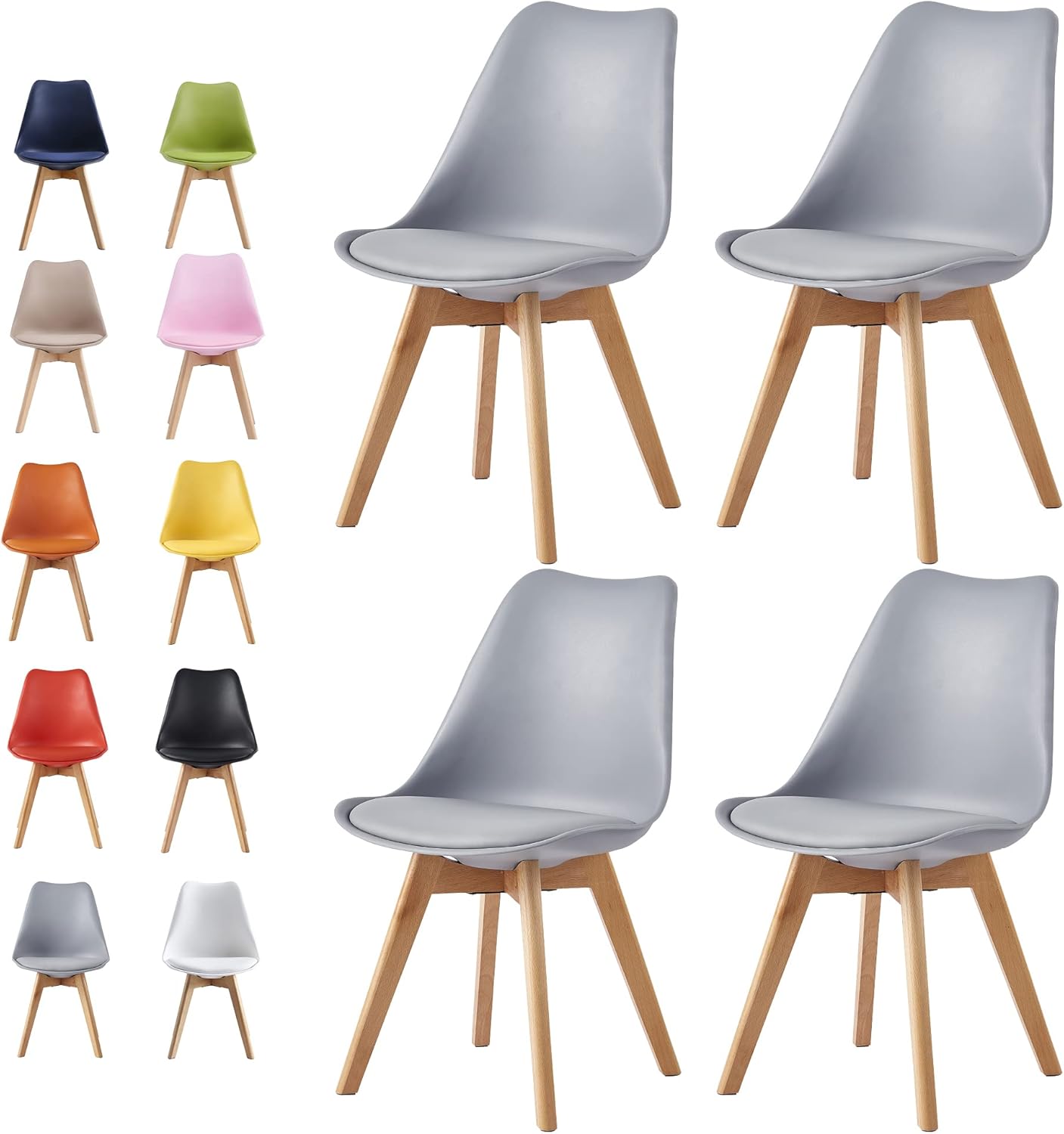 mcc direct Set of 4 Dining Chairs Wooden Legs Soft Cushion Pad Stylish DELUXE Retro Lounge Dining Office EVA (Grey)