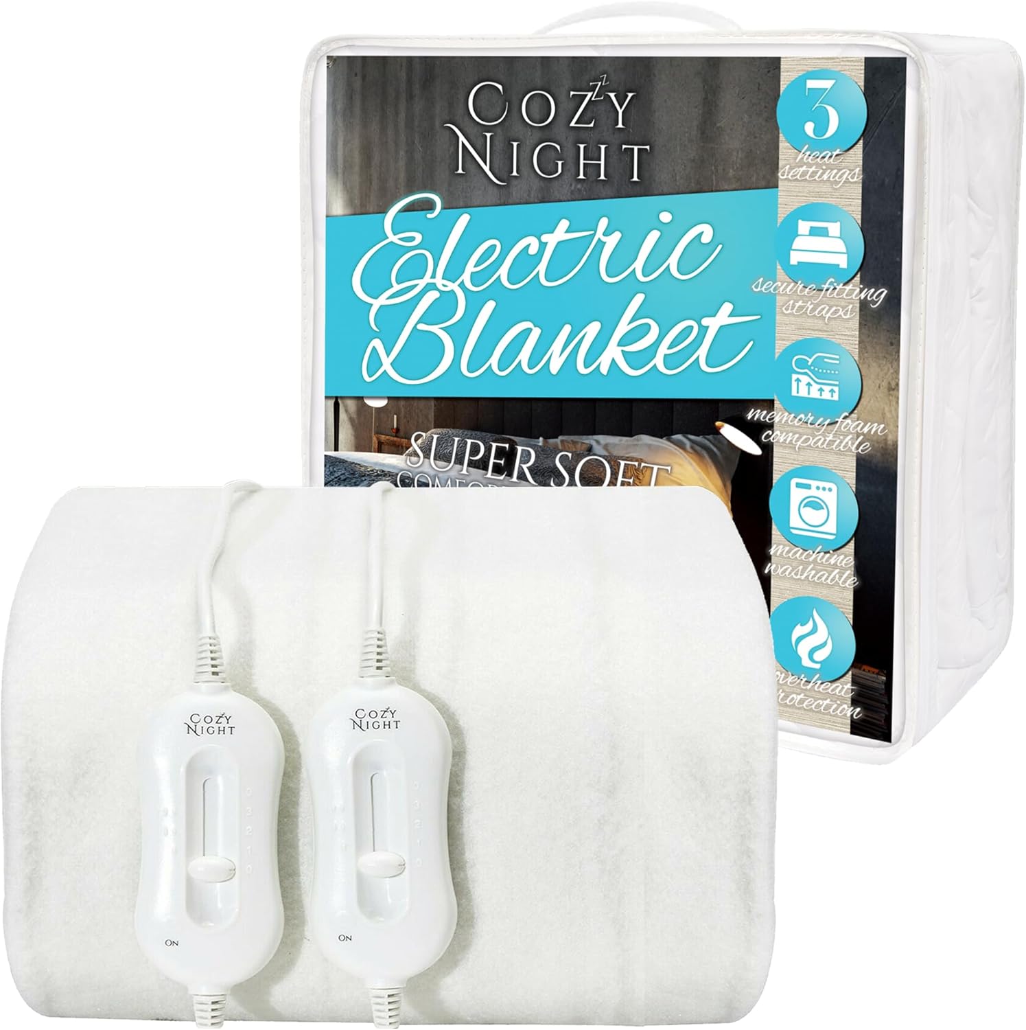 Cozy Night Double Electric Blanket, Size 140 x 192cm, Soft Fitted Underblanket Mattress Cover, Quick Fit Corner Straps, 3 x Heat Settings, Dual Control 70W and Machine Washable