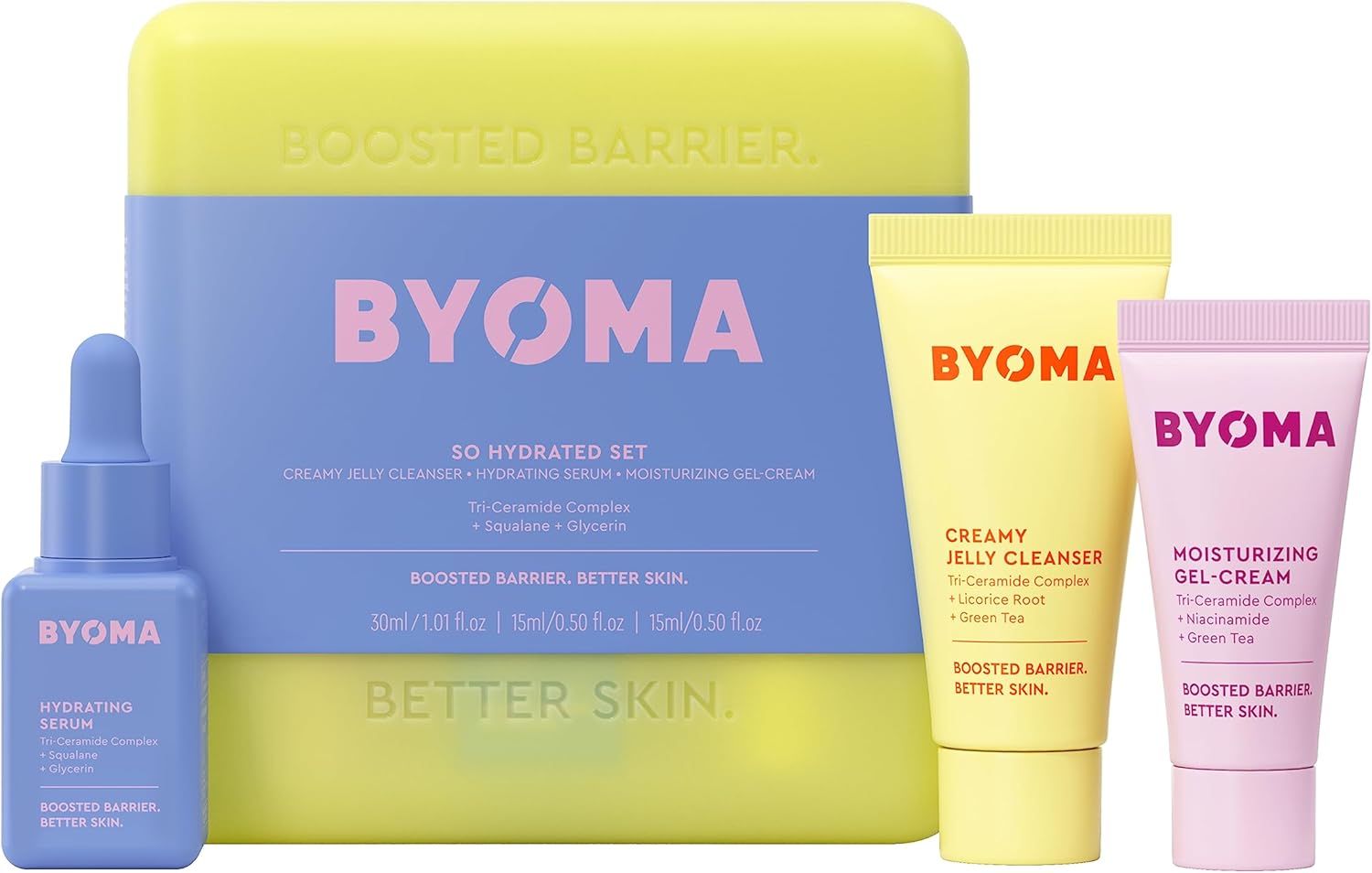 BYOMA So Hydrated Set - Barrier Repair Skincare Set (30ml, 15ml, 15ml) Creamy Jelly Cleanser, Hydrating Face Serum and Ceramide Face Moisturiser for Dry Skin - Anti Wrinkle, Alcohol Free, Vegan
