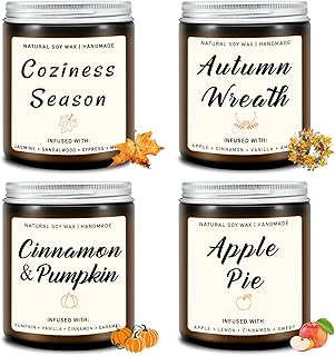 Homsolver Set of 4 Fall Scented Candles, Home Fall Decor, Fall Candles Gifts for Women Men - Apple Pie/Autumn Wreath/Cozy Season/Cinnamon Pumpkin Scented Candles for Autumn Fall
