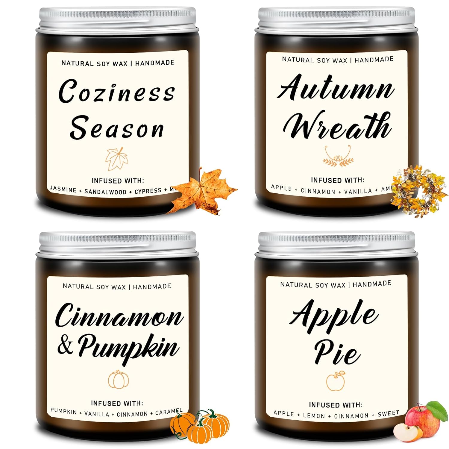 Homsolver Set of 4 Fall Scented Candles, Home Fall Decor, Fall Candles Gifts for Women Men - Apple Pie/Autumn Wreath/Cozy Season/Cinnamon Pumpkin Scented Candles for Autumn Fall
