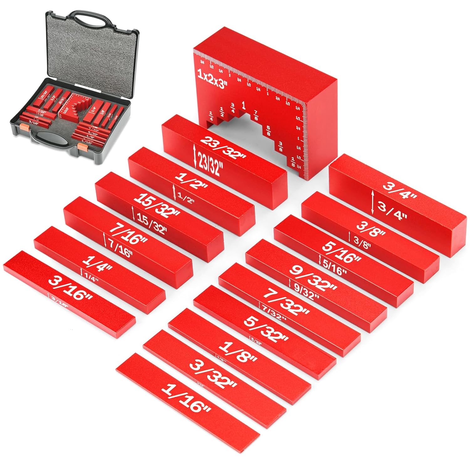 Setup Blocks Height Gauge, 16pcs Precision Aluminum Setup Bars, Router and Table Saw Accessories, Woodworking Tools for Easily Set Fence, Blade, Drill Height, with Storage Case