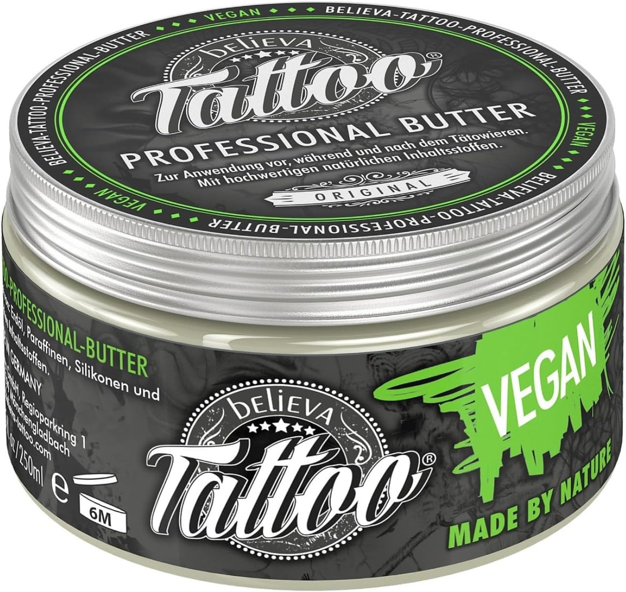 Believa Tattoo - Professional Butter Care for Your tattoo - 100% vegan tattoo care - Tattoo balm for use before, during and after tattooing - Made in Germany - 250ml