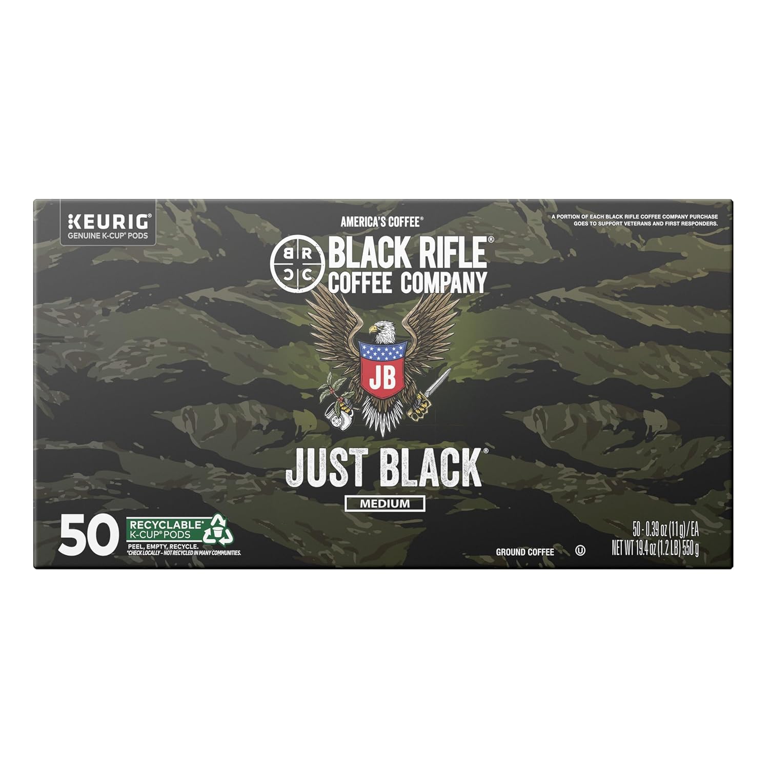 Black Rifle Coffee Company Medium Roast K Cups - Single Serve K Cups Coffee Pods - Kcup Pods Compatible with Keurig 1.0 & 2.0 - Made from Arabica Beans (Just Black, 50 Count)