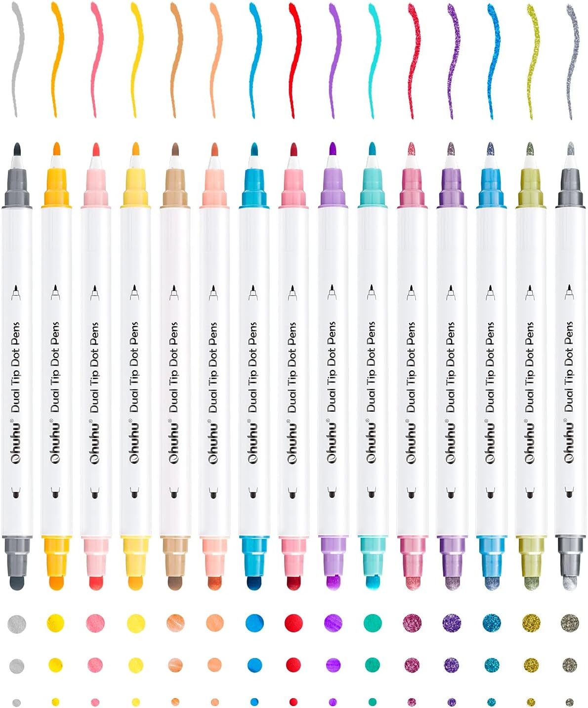 Ohuhu Dot Marker Pens 15 Set, 10 Regular Colours + 5 Metallic Colours Dual Tip (Bullet & Round) Paint Pens - Water-Based Ink for Journaling Scrapbooking Photo Album Anime Highlighting Doodling Drawing