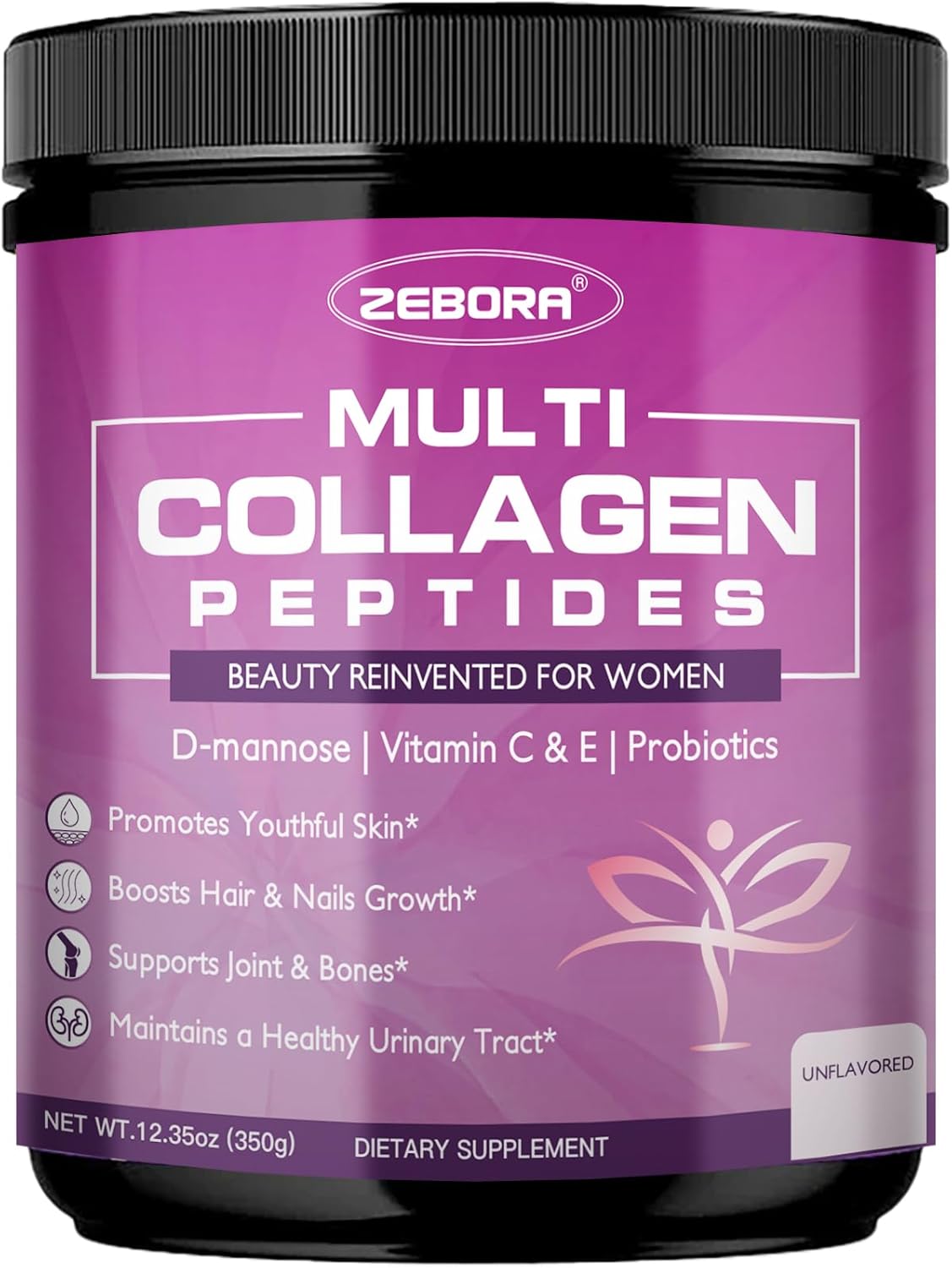 ZEBORA Multi Collagen Peptides Powder for Women – Hydrolyzed Collagen Peptides with D-Mannose & Women's Probiotics – Supports Skin, Hair, Nails, and Urinary Tract Health, Unflavored, 35 Servings