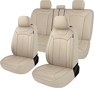 Premium Leather Car Seat Covers Full Set, Waterproof Full Seat and Split Rear Bench Seat Covers for Cars,Universal Automotive Interior Covers for Sedan SUV Truck Van Pick-up, Beige