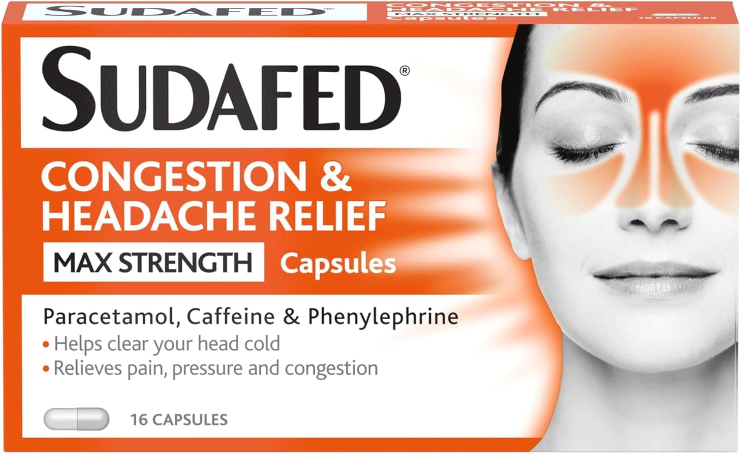 Sudafed Congestion & Headache Relief Max Strength Capsules, Targets Blocked Nose, Pressure, Heavy Head, Relieves Congestion and Headache with Maximum Strength formula, pack of 16