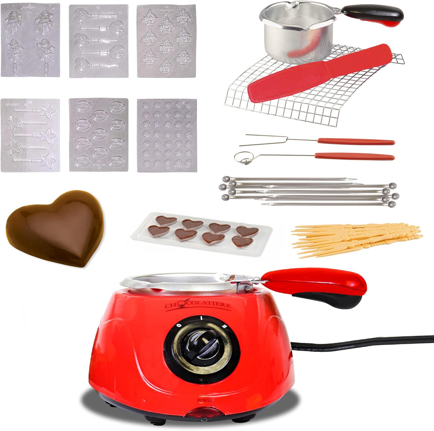 Total Chef Chocolate Melting Pot Fondue Set 8.8 oz (250 g) Electric Melter for Chocolate Melts DIY Candy Maker with 32-Piece Accessory Kit for Sleepover Birthday Party Romantic Dinner, Red