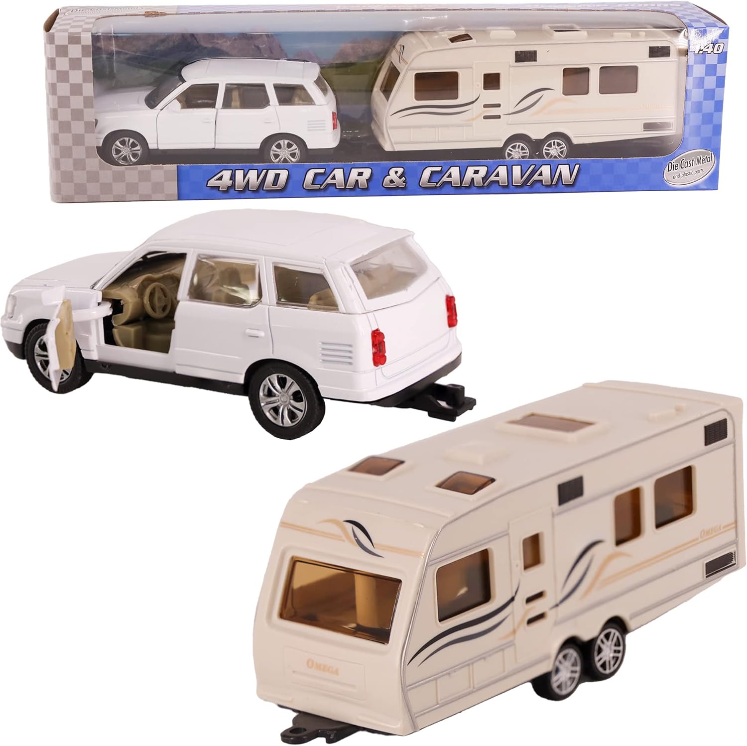 D.A.Y. Republic 1:40 Scale Diecast Metal 4X4 Car and Caravan Toy With Plastic Parts and Opening Doors, Perfect as a Prop or Play Vehicle a Great Present for Boys and Girls (White)