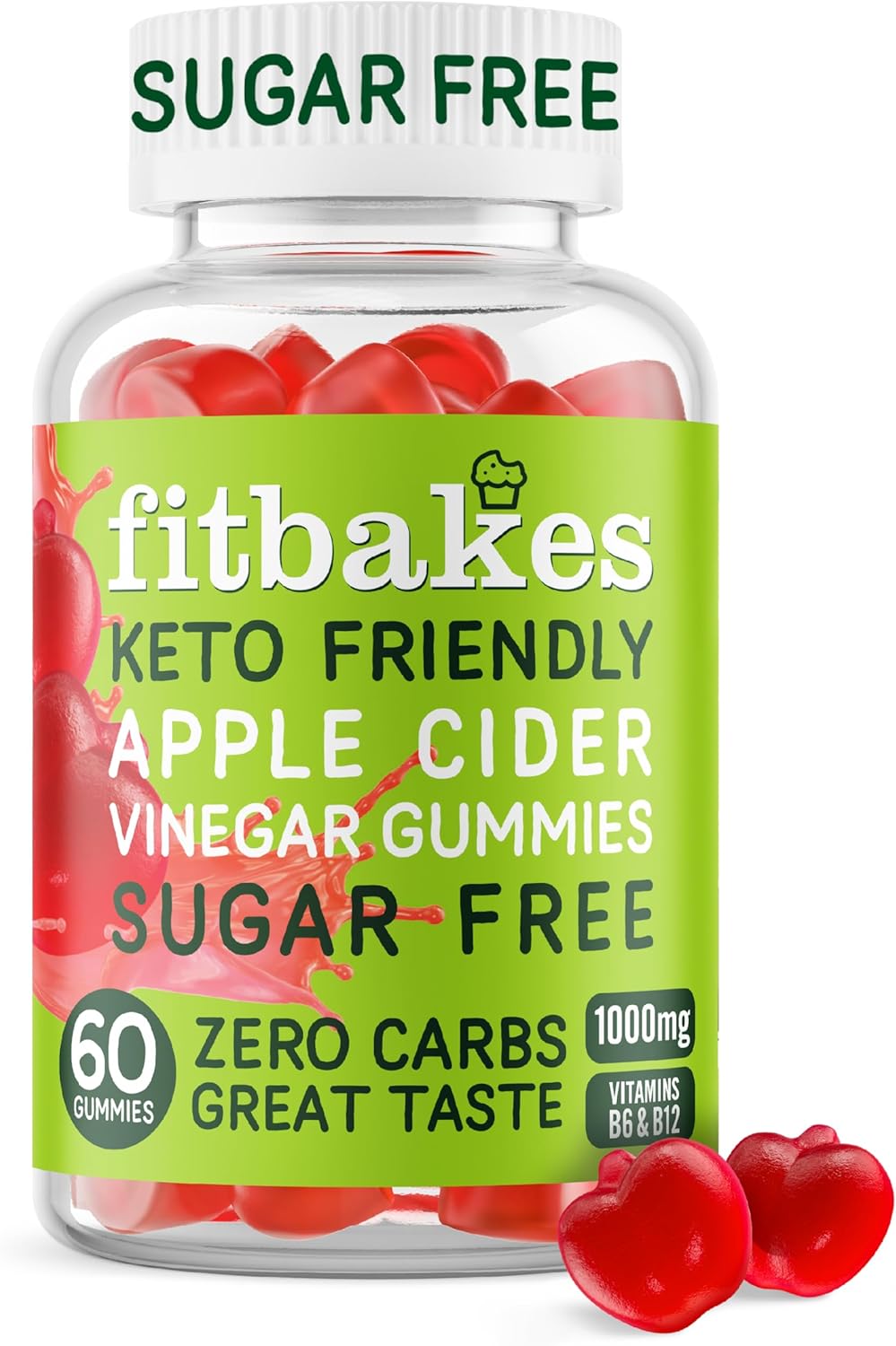 Fit bakes Sugar Free Keto Apple Cider Vinegar Gummies with Mother 1000mg, 0 Carbs, 3 Calories Per Gummy, 60 ACV Keto Gummies, Apple Cider Vinegar with Mother, Vitamin B12 & Folic Acid, Fitbakes