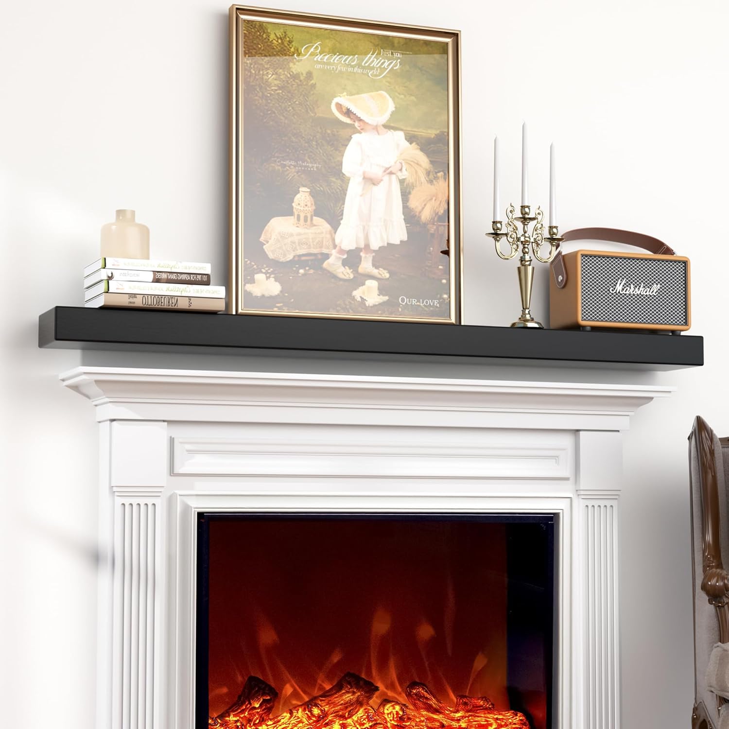 AZSKY Fireplace Mantel Shelf 36 Inch, Handcrafted Floating Mantel Shelf for Over Fireplace, Black Wall Mounted Shelf with Invisible Wooden Bracket, Wooden Shelving for Wall Decor Living Room Bedroom