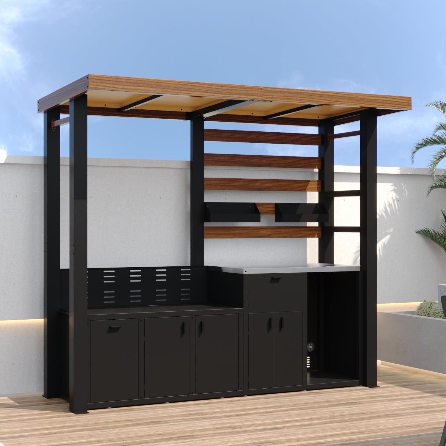 8.6'W Full Steel Outdoor Kitchen Cabinet, Patio Kitchen Island with Galvanized-Steel Roof and Stainless-Steel Countertop, BBQ Grill Station Bar Table with Storage, Black & Wood Grain