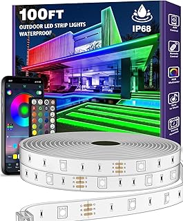 AILBTON 100ft Outdoor LED Strip Lights Waterproof,IP68 Outside Led Light Strips Waterproof with Bluetooth App Remote Control,Music Sync RGB Exterior Led Rope Lights (100FT(Outdoor Waterproof))