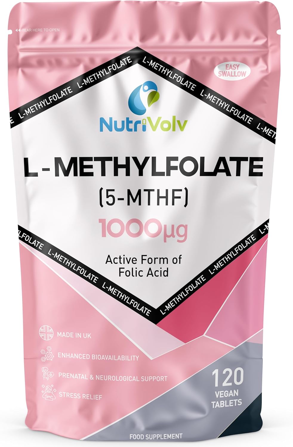 Folate (L-Methylfolate) 1000mcg | 120 Vegan Tablets | 5-MTHF (Vitamin B9) | 4 Months Supply | Active Methylated Form of Folic Acid | One-a-Day | Suitable for Pregnancy, Pure Formula | by NutriVolv