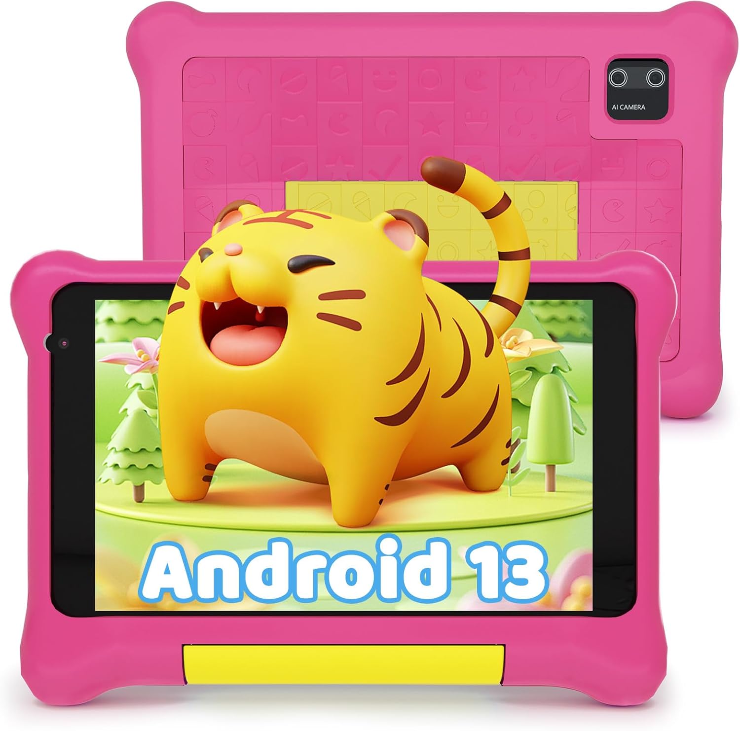 Hakaug 7 Inch Android 13 Kids Tablet 5GB RAM+32GB ROM, 1024 * 600 IPS Display, Parental Control, Bluetooth, WiFi, Dual Camera, Shockproof Shell (Pink)