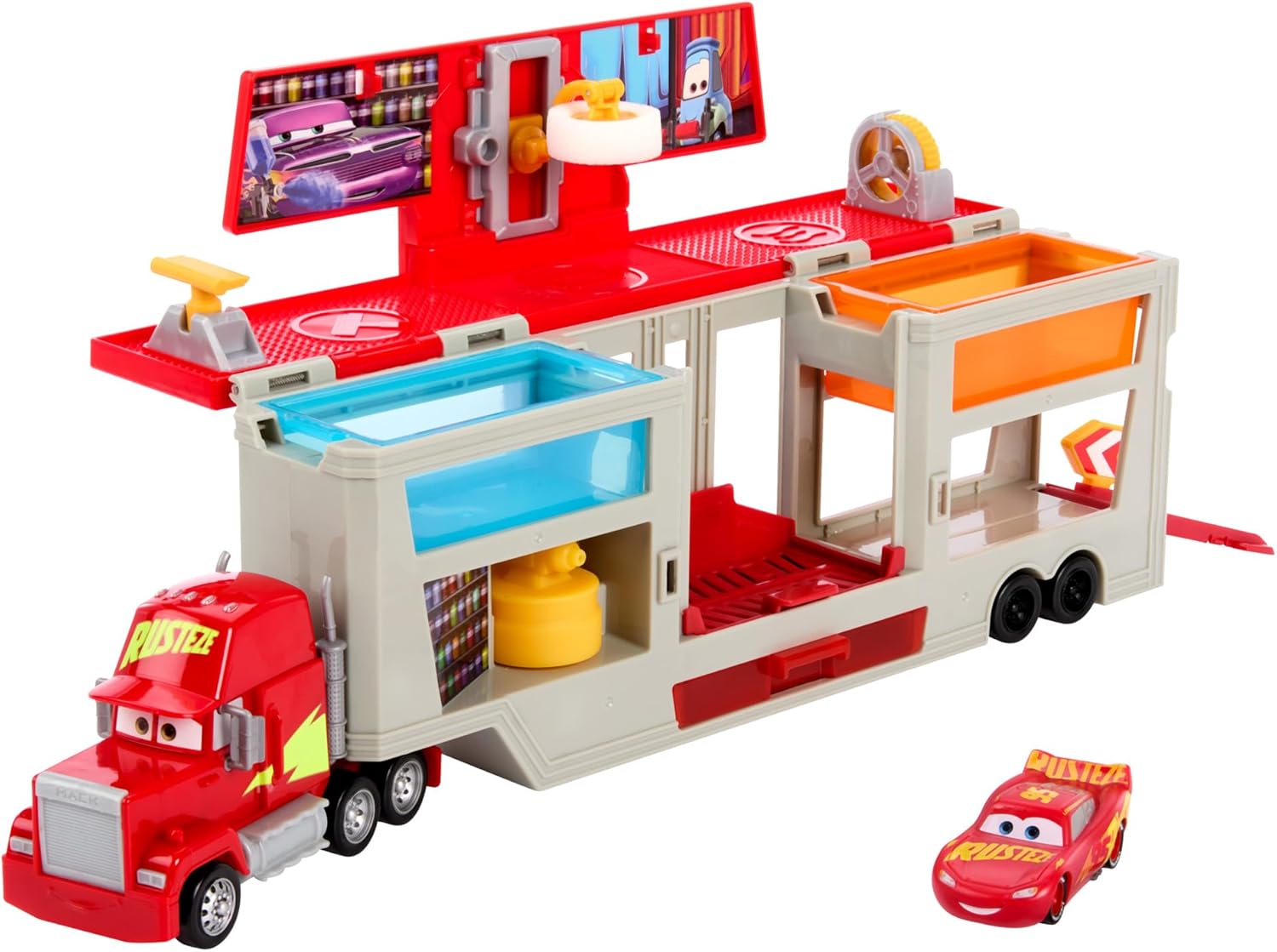 Mattel Disney and Pixar Cars Transforming Truck & Toy Car Playset, Color Changers Paint Shop Mack with Detachable Cab, Color Change Lightning McQueen & Accessories, HPD82