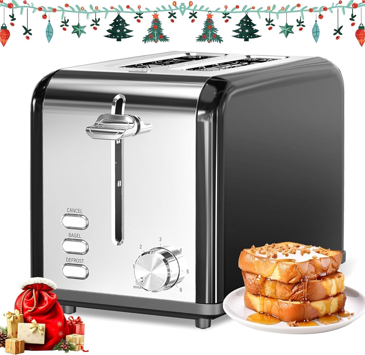 Simple Deluxe 2-Slice Toaster, Stainless Steel Toaster, 6 Browning Setting and 3 Function, Extra Wide Slot & Removable Crumb Tray, for Bread & Waffle, Black