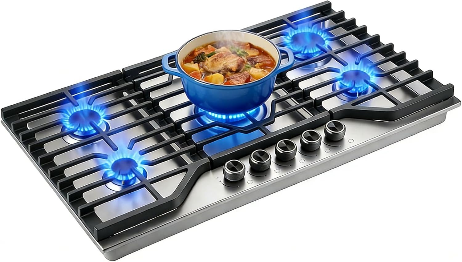 36 Inch Stainless Steel Gas Cooktop, Propane Stove Top with 5 Italy Sabaf Sealed Burners 40,400 BTU, NG/LPG Convertible, Heavy-Duty Cast Iron Grate,Built-in with ETL Certification