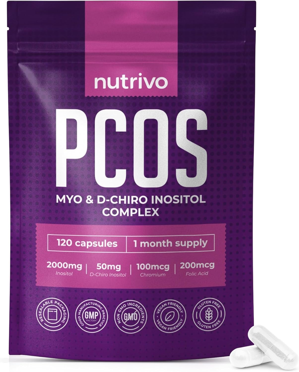 Myo Inositol & D Chiro Inositol - 120 Capsules | PCOS Supplement Supports Fertility, Weight Loss & Hormone Balance | Inositol 2000mg, D- Chiro Inositol, Folic Acid, Chromium | Alternative to Tablets