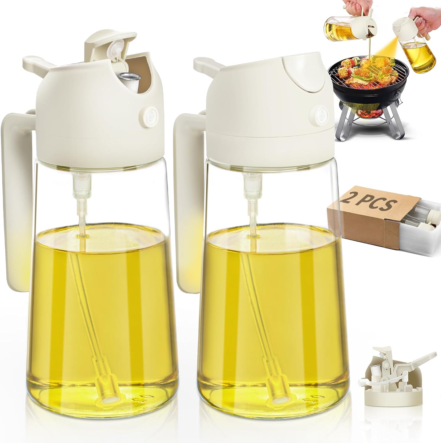 DWTS DANWEITESI 2 in 1 Oil Dispenser and Sprayer, 16oz Glass, 2 Pack, White, Cooking Oil, Adult, Reusable, Leak Proof, Kitchen Gadget, Air Fryer, Salad, Grill