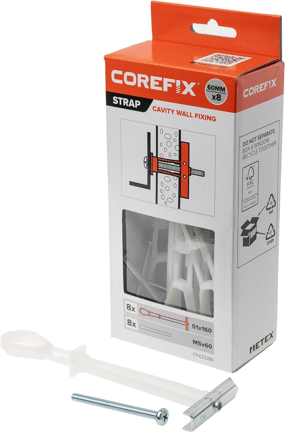 Strap Cavity Wall Fixing 8 Pack (M5x60mm), Heavy Duty Metal Universal Toggle for Plasterboard, Hollow Brick or Block. Secure Hold, Easy to Install & Adjustable Up to 35mm Deep.