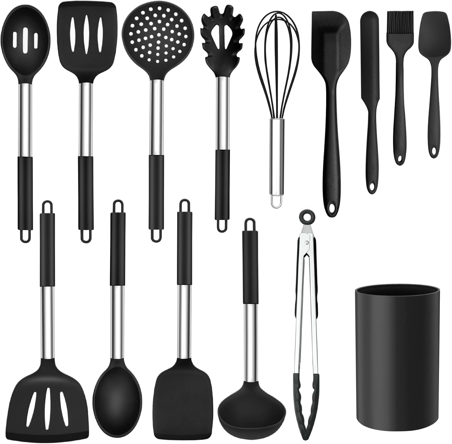 Onader Kitchen Utensils Set, 15 Pcs Silicone Cooking Utensils Set with Holder and Heat Resistant Stainless Steel Handle for Nonstick Cookware - Black