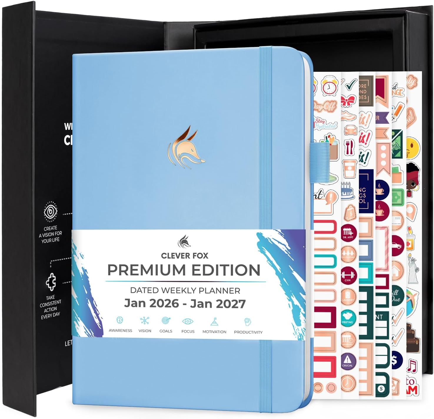 Clever Fox Dated Planner Premium 2026 – Weekly Agenda for Planning & Time Management –Notebook with Habit Tracker & To-do List (Light Blue)
